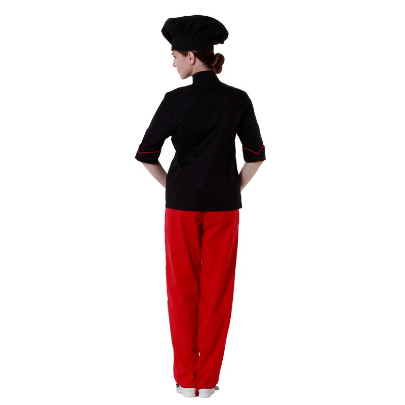 Куртка шеф-повара черная женская с манжетом (отделка красный кант) [00016]